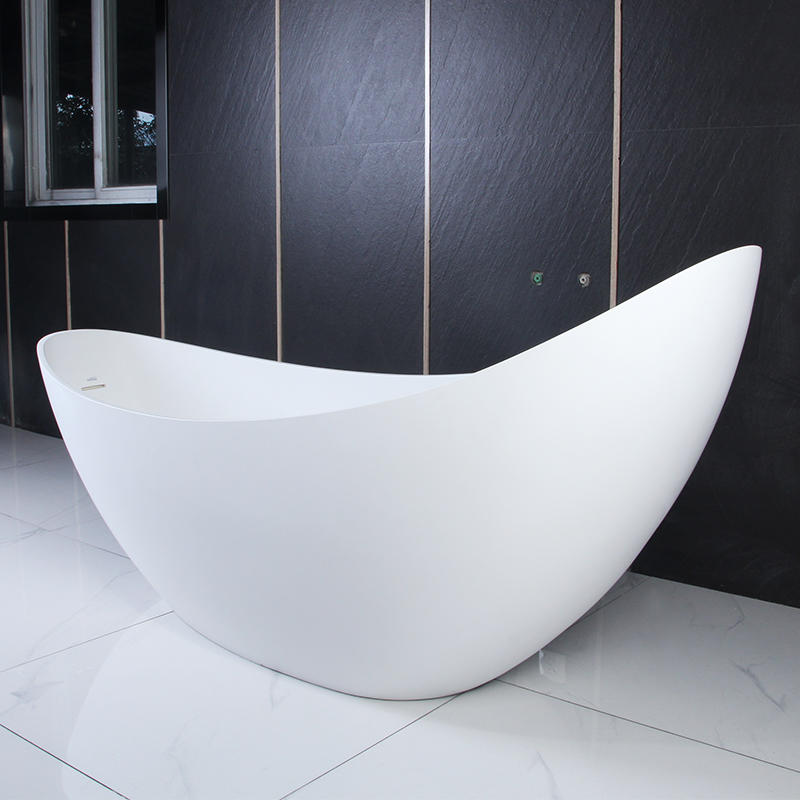 Talus Matte White Moon Shape Center Drain Solid Surface Freestanding Bathtub